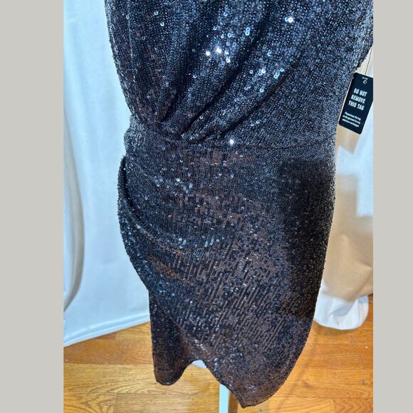 Express Sequin Midi Dress  Sleek Fit, Black, Sequins,‎ Mock Neck, Asymmetrical - Picture 5 of 9